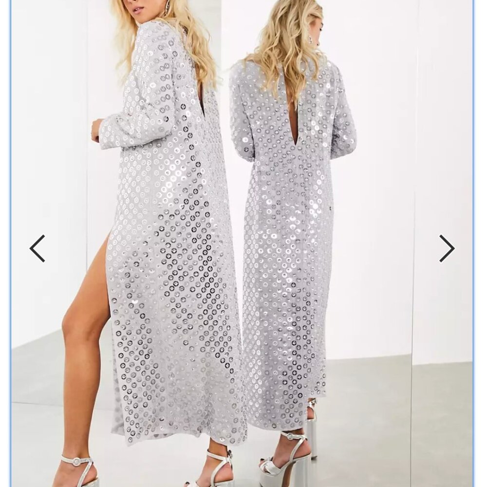 Split Front Maxi Dress with Mirror Disc Sequins (Size 12, Pale Gray)